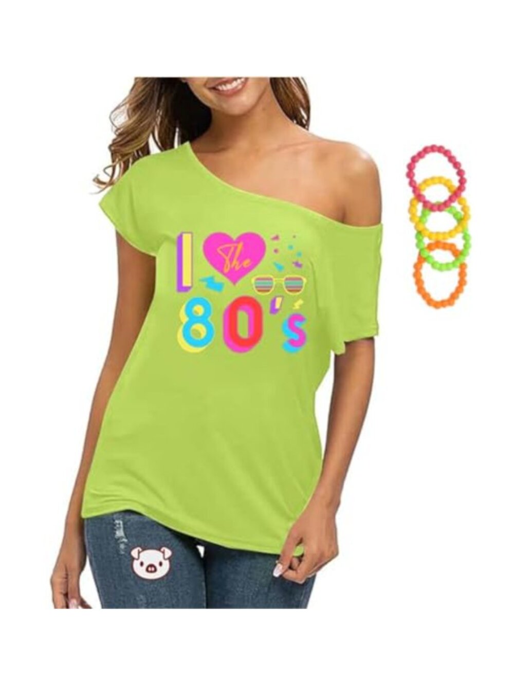 Womens 80s Off Shoulder T-Shirt Retro Letter Print Party Top